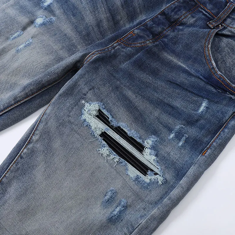 High Street Fashion Men Jeans Retro Washed Blue Stretch Slim Fit Patched Ripped Jeans Men Brand Designer Hip Hop Y2K Denim Pants