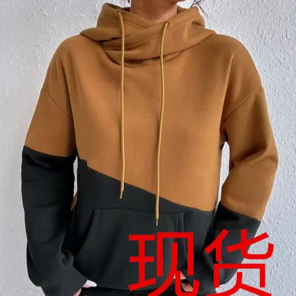 European and American women's clothing 2024 new autumn and winter velvet thickened color block splicing hooded pull rope loose