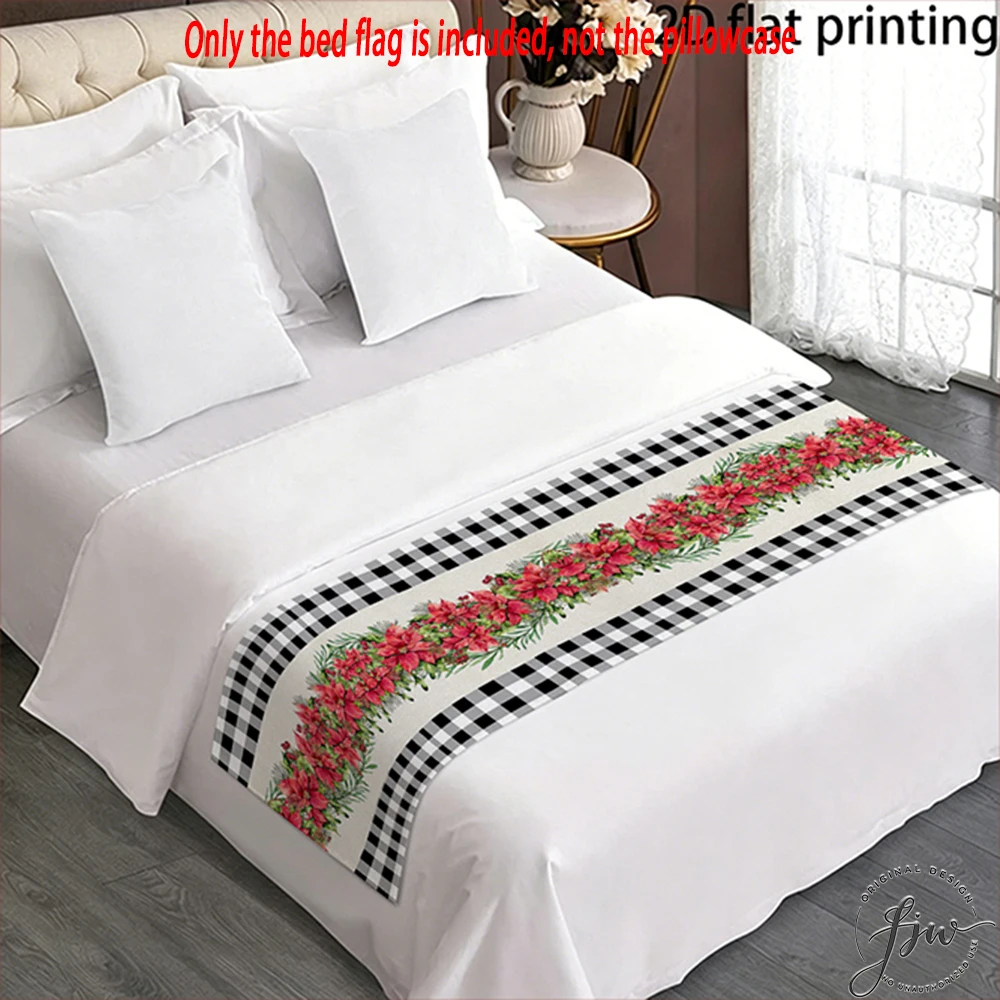 1pc Christmas Red Floral Buffalo Plaid Bed Runner Bed flag only,Elegant bedroom without pillowcase, gift for people