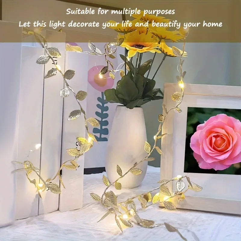

2M 20LED Golden Leaves String Fairy Lights For Wedding Birthday Party Decoration Home Garden Artificial Plant Garland Vine Light