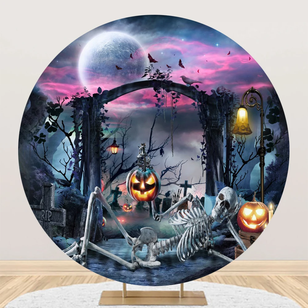 Happy Halloween Round Backdrop Cover Full Moon Night Horror Forest Castle Pumpkin Halloween Party Decor Photography Background