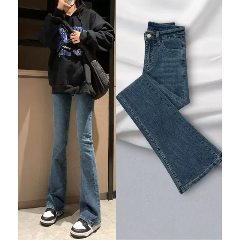 Lady Retro High Waist Flared Jeans Girls Stretch Thin Slim Fit Denim Pants Women Korean Leisure Fashion Solid Trousers