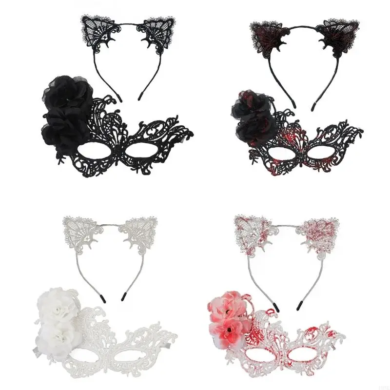 

195E Elegant Lace Half Face Mask with Detachable Cats Ear Headband Hair Decors for Halloween Cosplay Costume Parties