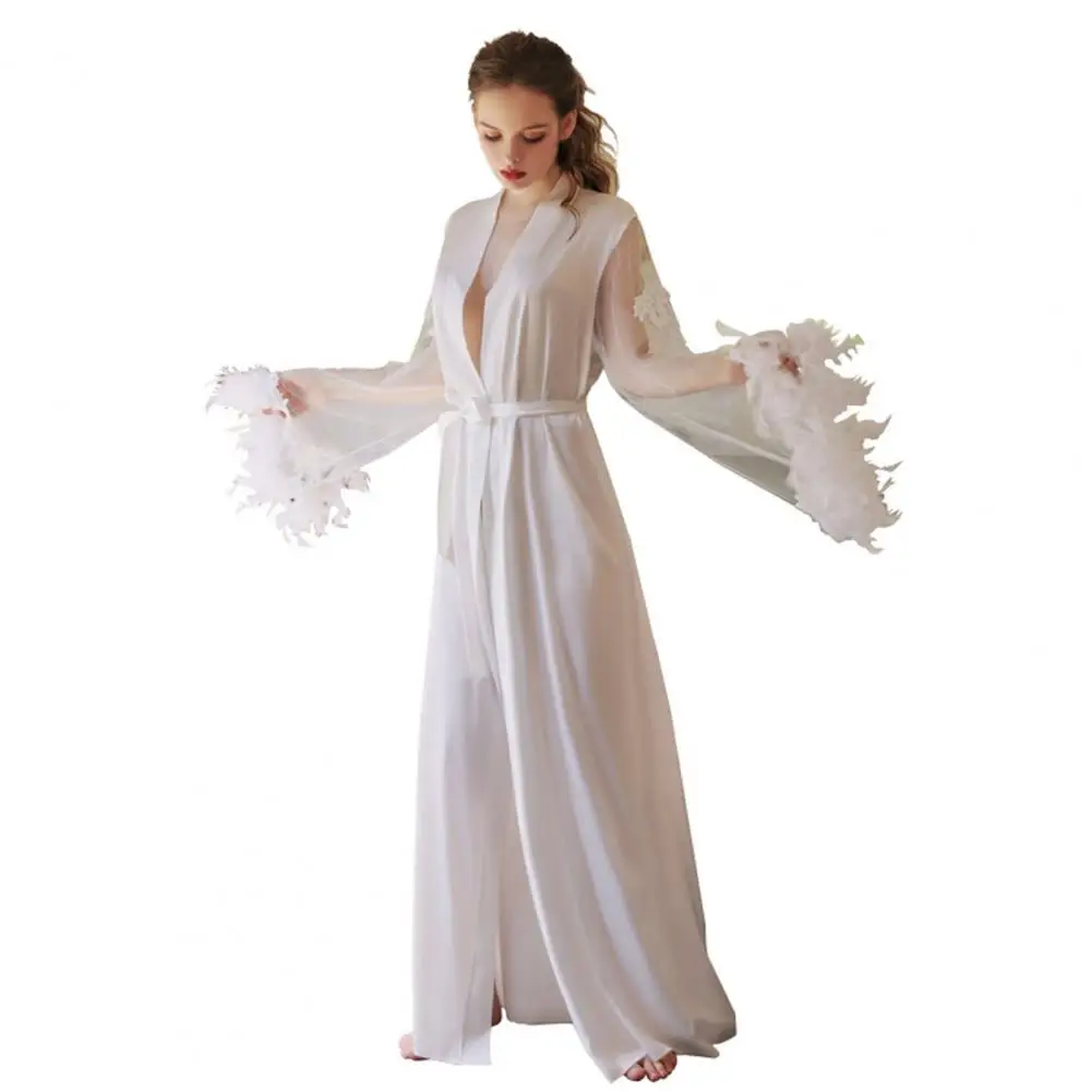 Long Bride Robe Wedding Pijama White Bathrobe V Neck Mesh Feather Cuffs Embroidery Night Robe