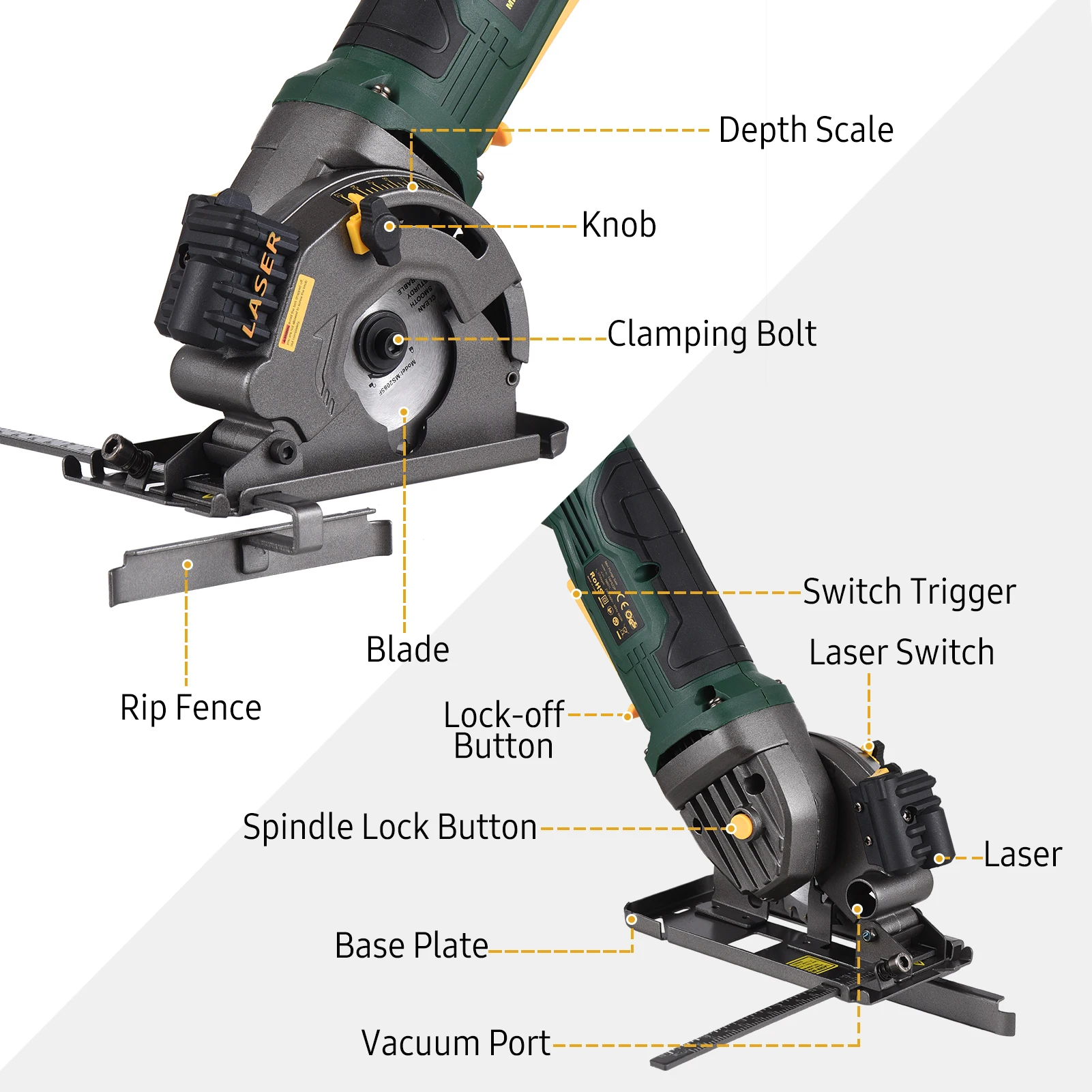 580W Mini Circular Saw Corded Electric Compact Circular Saw with Laser Guide Scale Ruler Vacuum Port 3 Blades for Cutting Wood