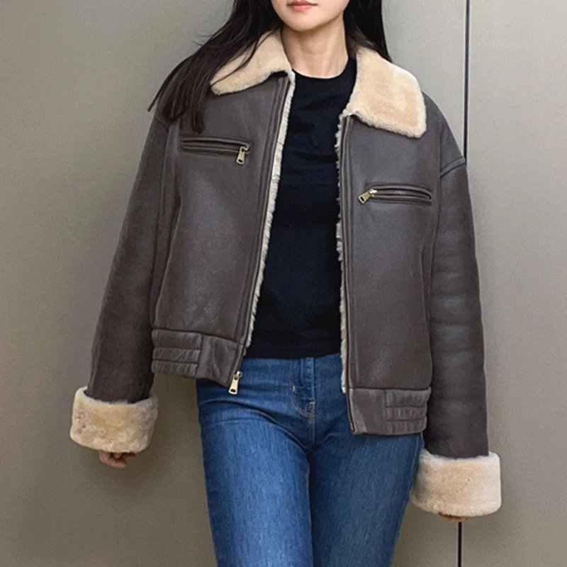 ReaL Leather and Fur Coat Women Winter Locomotive Fashion Coffee Vintage Sheepskin Wool Shearling Jacket Manteau Fourrure Femme