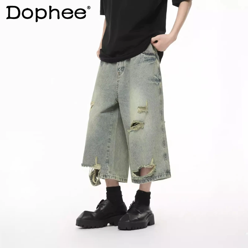 

Men Women 2026 Four Seasons Wear Fashion Wide-leg Shorts Jeans Trendy Loose Hole Denim Shorts Male Personality Short Denim Pants