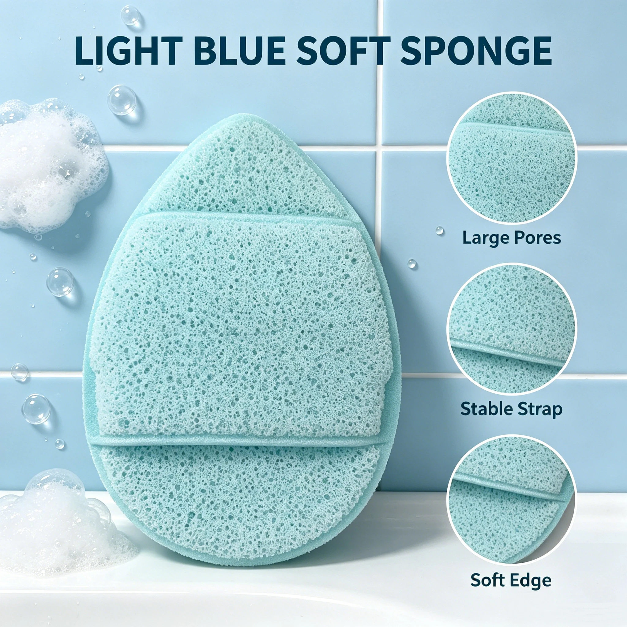 Large-pore foaming water drop facial cleansing puff with an integrated secure wrist strap; soft and gentle on skin for facial cl