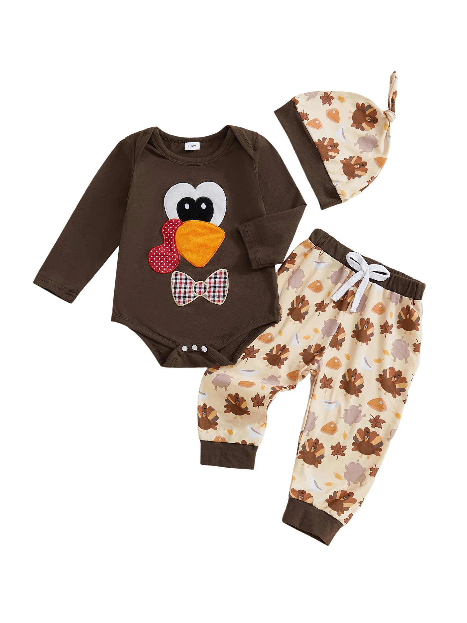 

3Pcs Infant Baby Girl Boy Thanksgiving Outfits Long Sleeve Turkey Print Romper Pants Hat Set for Newborns