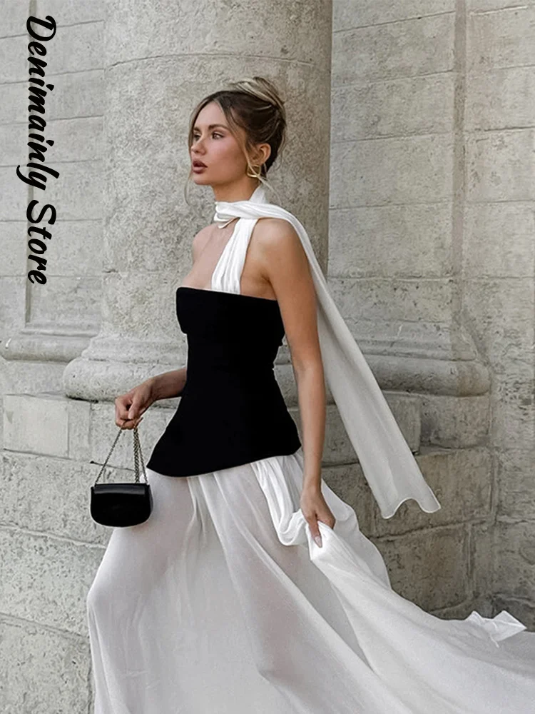 

Элегантное сетчатое лоскутное длинное платье с лентой, женское плиссированное платье трапециевидной формы без бретелек без рукавов и открытой спины Femmes 2026, весенний вечерний халат