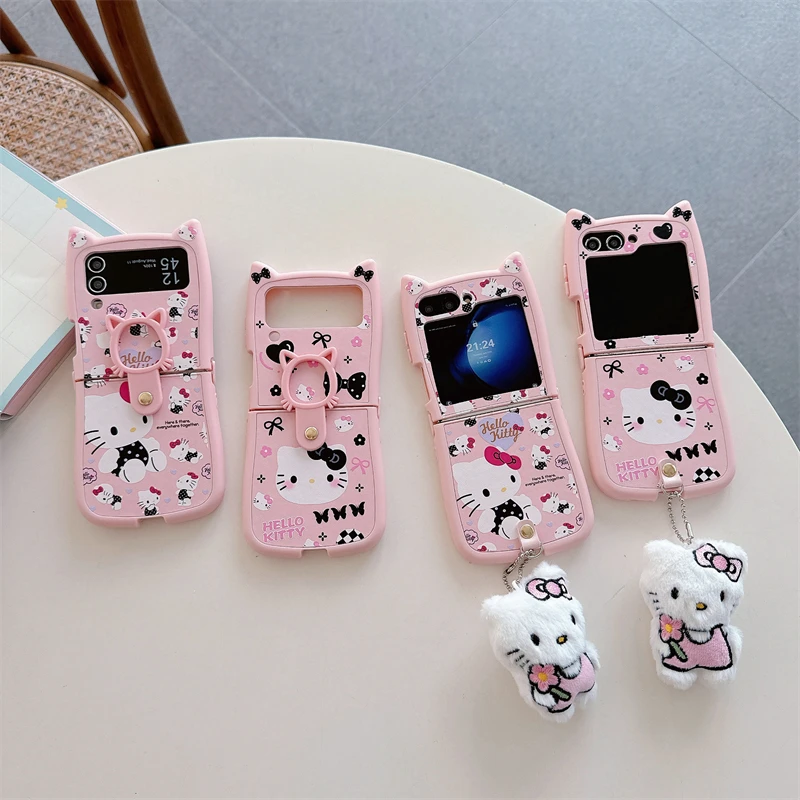 

Hot Pink Hello Kitty 3D Cat Ear with Pendant Phone Case for Samsung Galaxy Z Flip 3 4 5 6 5G PC Hard Anti-drop Back Cover Funda