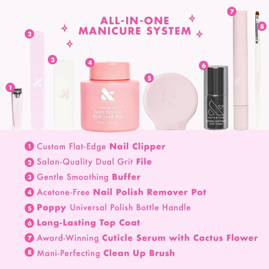 롱래스팅 매니 시스템 세트에는 네일 도구, 팝피, 큐티클 세럼, 리무버 팟, 탑코트가 포함되어 있으며, 집에서 쉽게 사용할 수 있는 네일 키트입니다.