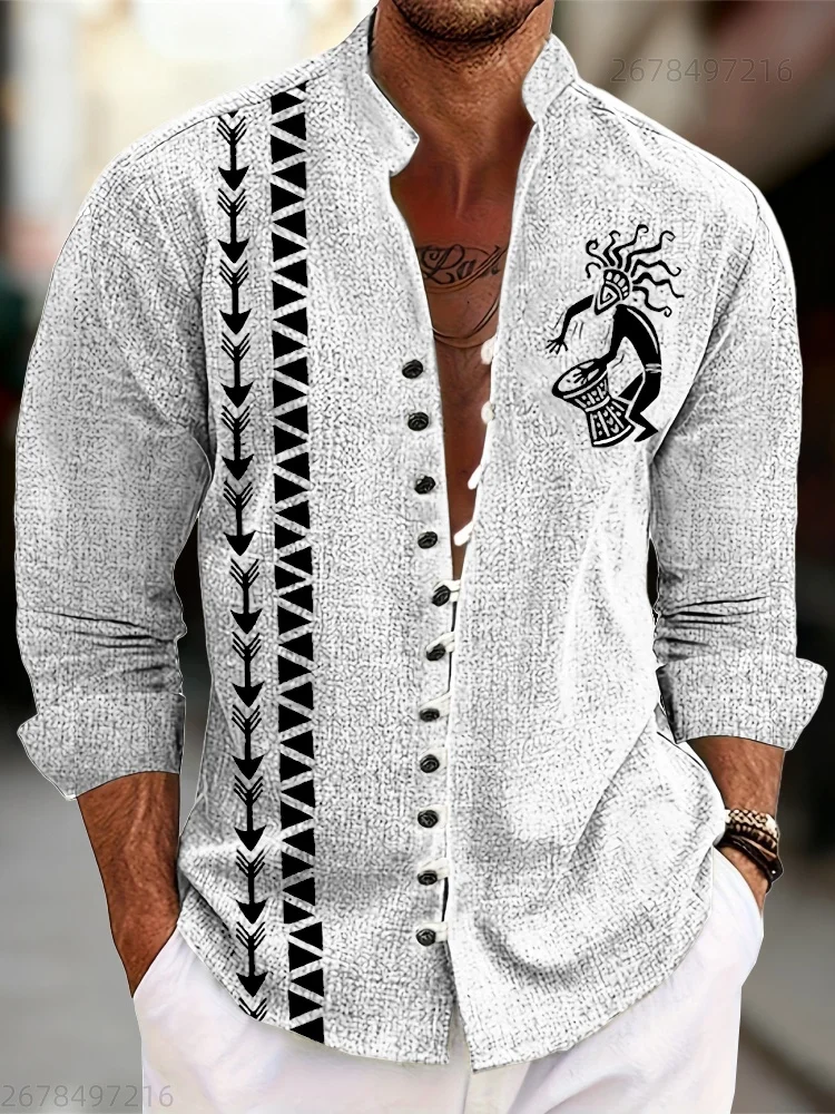 Bohemian style men's stand-up collar single-breasted shirt, retro tribal print geometric arrow casual vacation shirt
