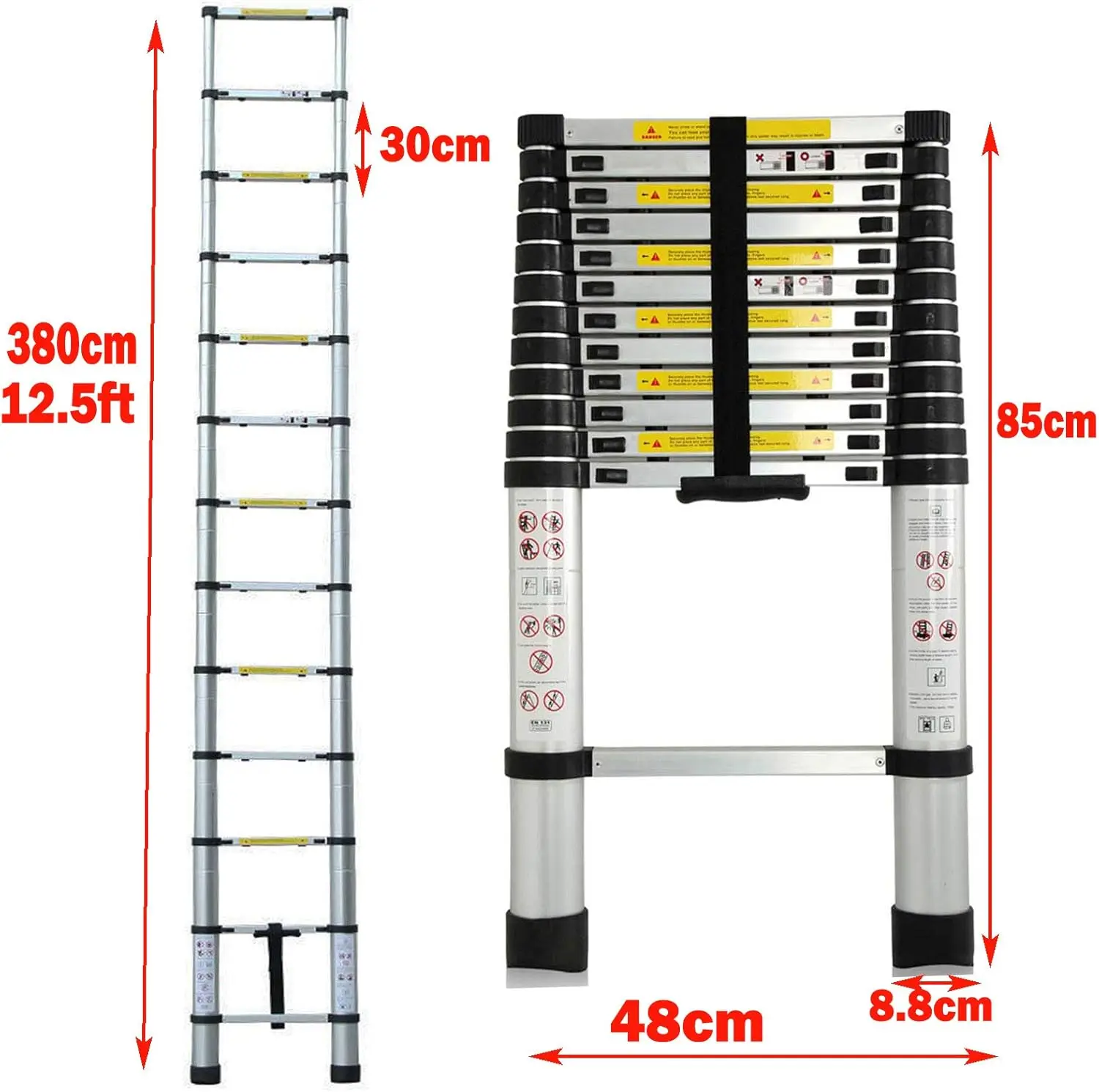 3.8M/12.5ft TelescopicบันไดพับอลูมิเนียมขยายบันไดLoftบันไดอเนกประสงค์พับบันไดสําหรับบ้านกลางแจ้ง