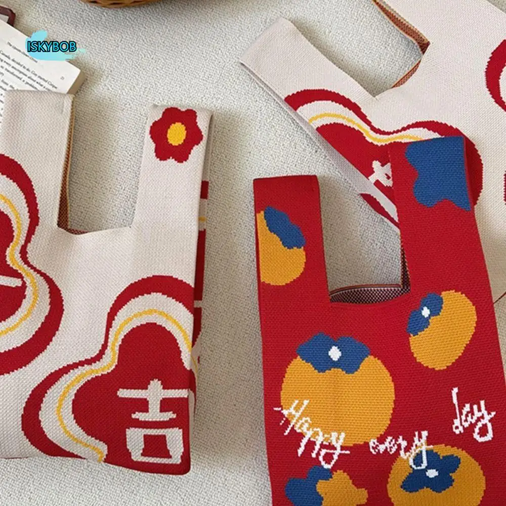 

Fashion Weave Knot Wrist Bag Handbag Wool Bucket Bag New Year Knitted Bag Shopping Bags Purse Tote Bag Girl