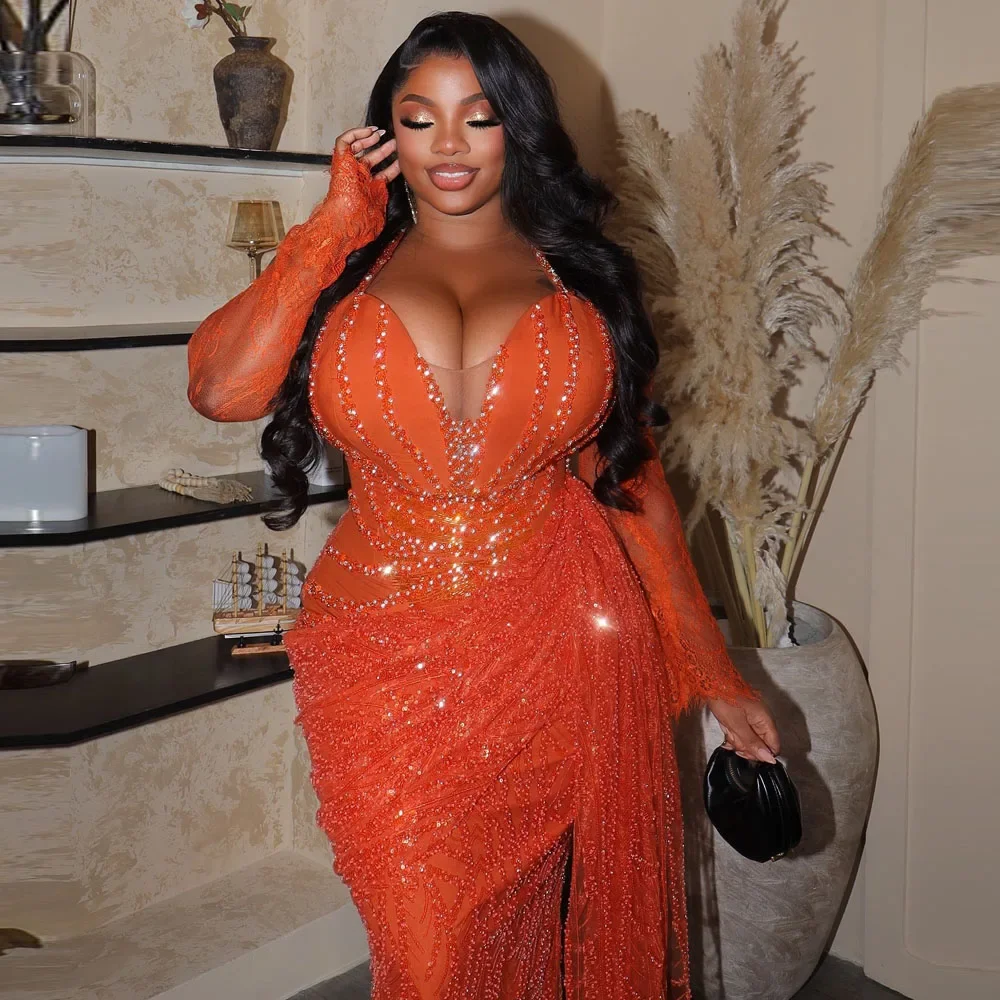 Vestidos de Noche elegantes de sirena de encaje, vestido de fiesta de talla grande de manga larga, vestidos de cumpleaños para mujer Aso Ebi