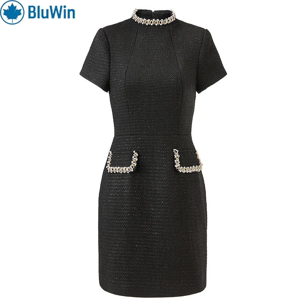 

BluWin Pearl-Trim Tweed Mini Dress Short Sleeve High Waist Pocket Detail Textured tweed fabric Pearl-trim neckline & pockets