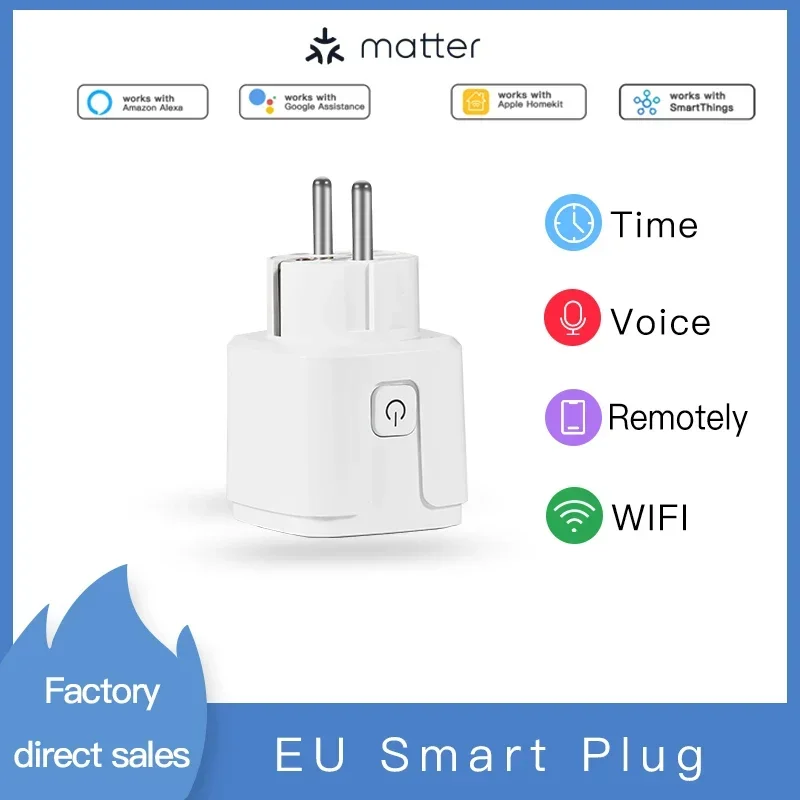 Matter 16A Wifi Smart Plug Power Outlet Socket Power Monitor EU/France Plug Home Appliance Outlet Work with Homekit Alexa Google