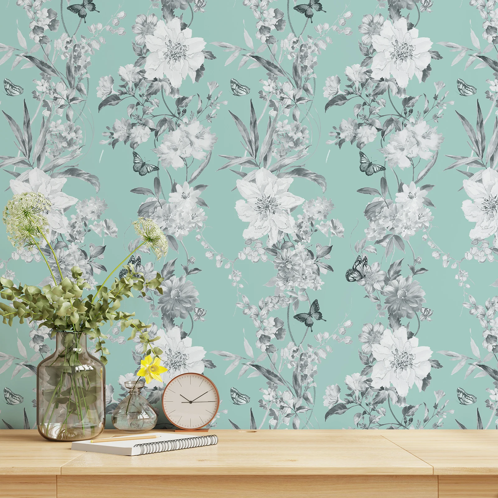 

Lake Blue Flower Vinyl Wallpaper Peel And Stick Floral Furniture Cabinet Sticker Waterproof Botanical Vathroom Wallpaper
