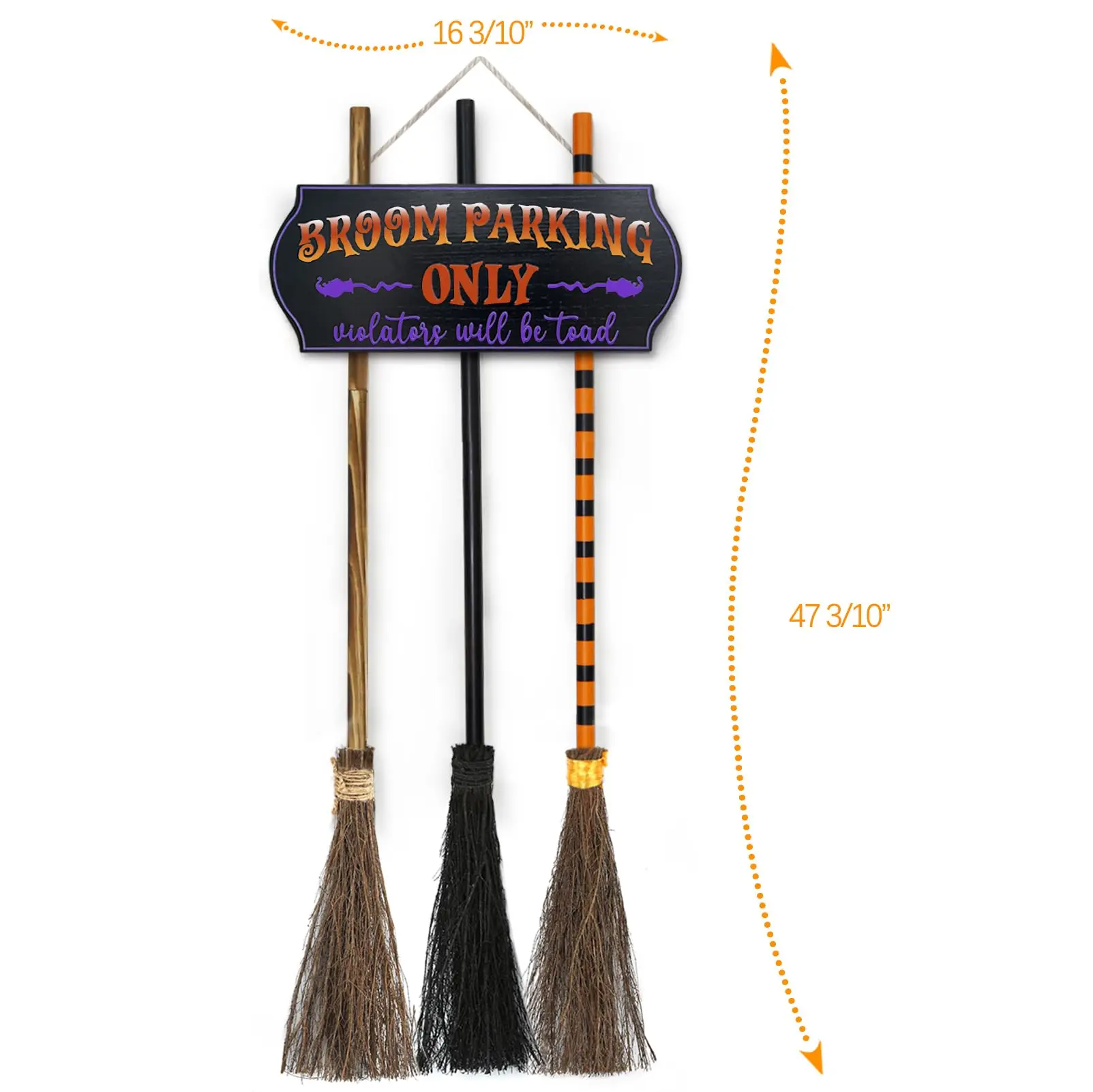 Halloween Decorations - Broom Parking Sign with 3 Wooden Witches Brooms Hocus Pocus Decor, Halloween Decor, Front Porch Wall Decoration, For Indoor Outdoor Home Office Party