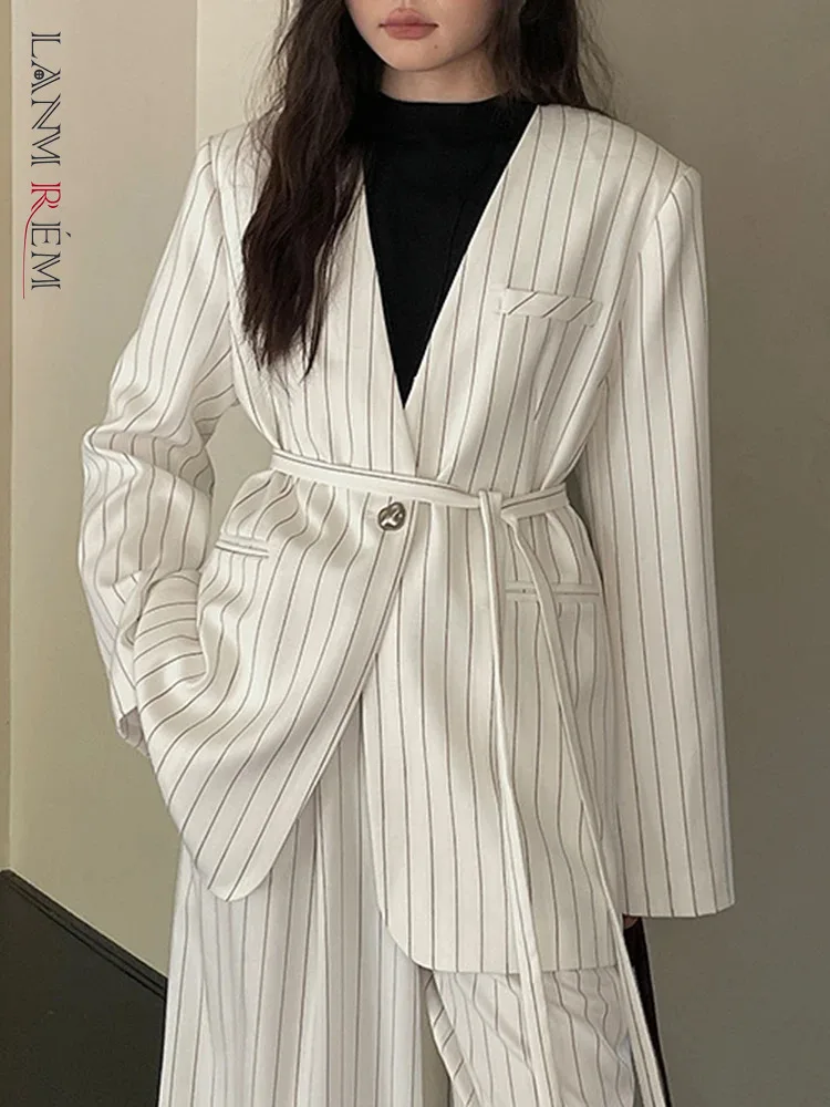 [LANMREM] Office Lady Lace-up Gathered Waist Blazers For Women V Neck Long Sleeve Striped Jackets 2024 Autumn New 26C105