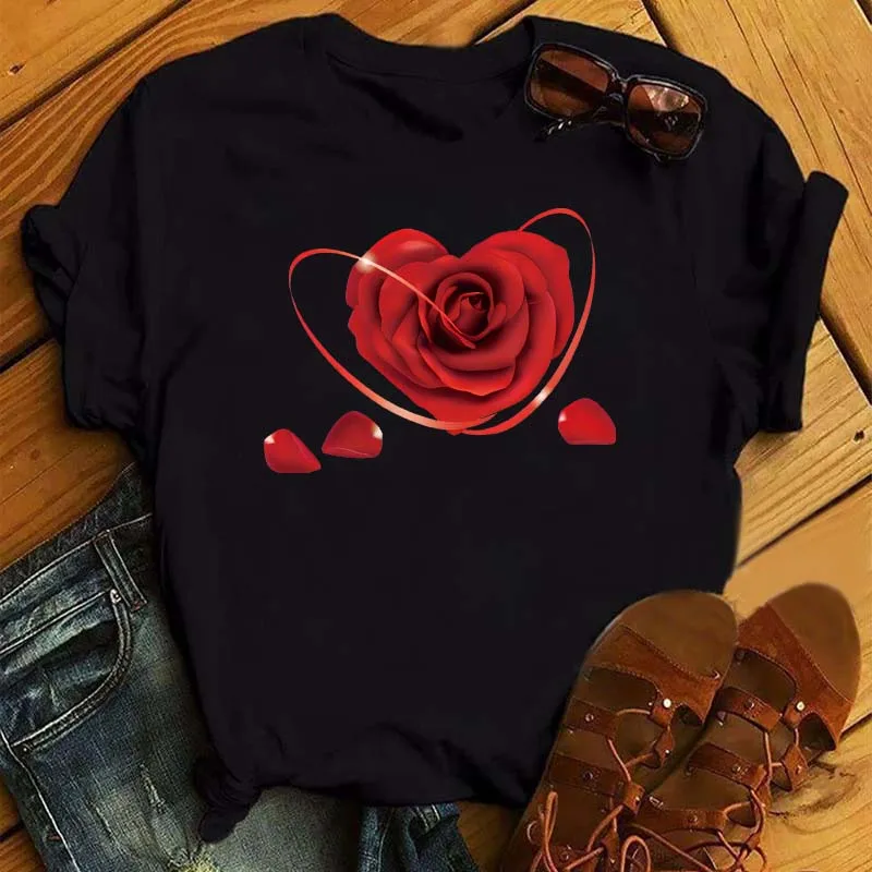 New Red Love Flower Women T Shirt Fashion Women's Short Sleeve T-shirt Cartoon Rose Graphic T-shirt Femme T Shirt Tee