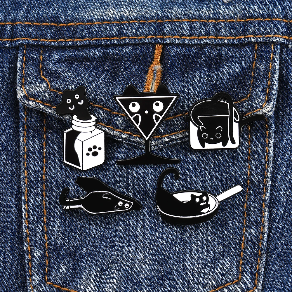 11 Styles Pure Black Funny Container Cat Brooches Cartoon Cute Kitten Kitty In Cup Bottle Milk Box Goblet Ink Jar Enamel Pins
