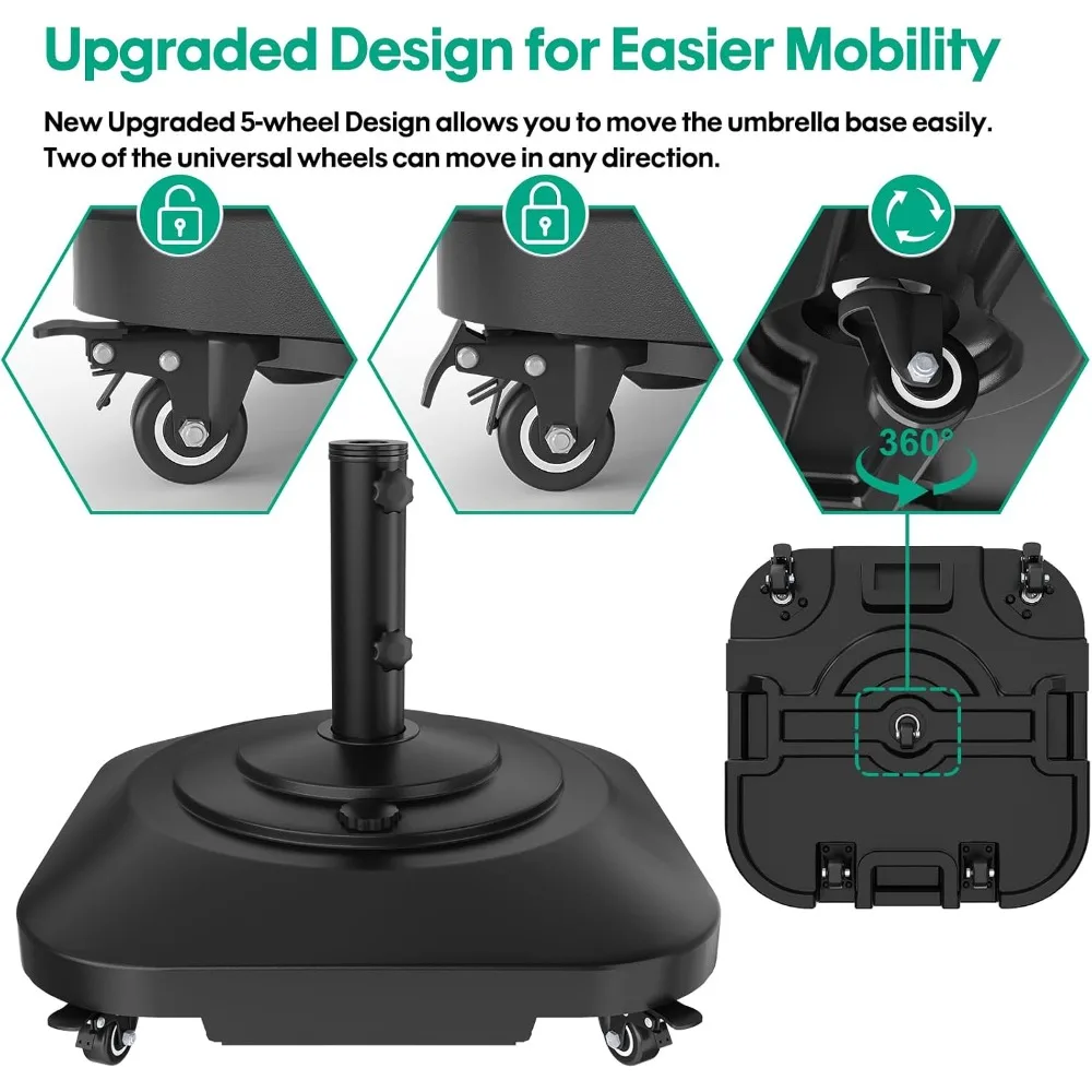 Heavy Duty Umbrella Base with Wheels, 100lb Windproof Fillable Stand for Patio, Fits Most Umbrellas