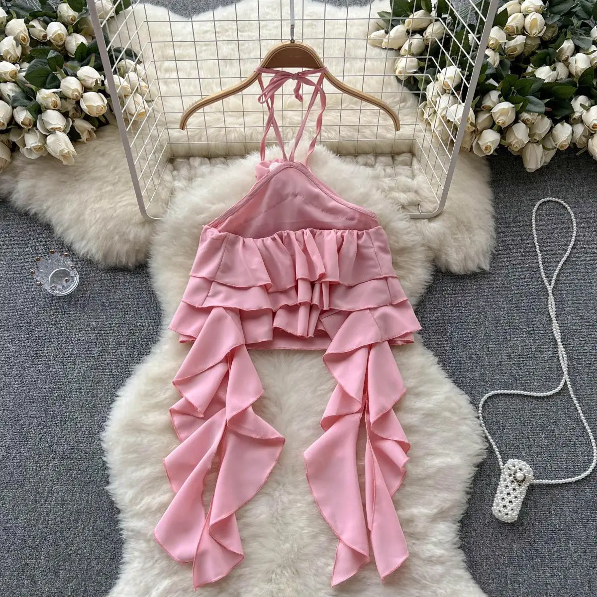 Chic Halter Tiered Ruffle Off Shoulder Camis Asymmetric Korean Fashion Fairy Tank Top Women Summer Crop Top  Hotsweet Streetwear