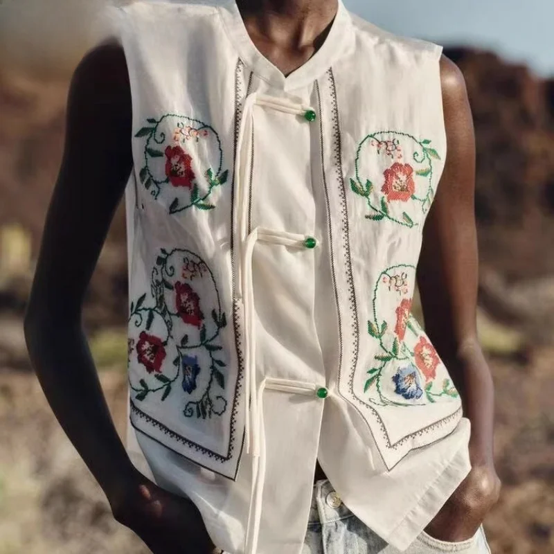 

Chinese Sle Embroidered Svel round Ne Vest Belted Summer New Women's Faion Top Quali Material Plant Floral Pattern