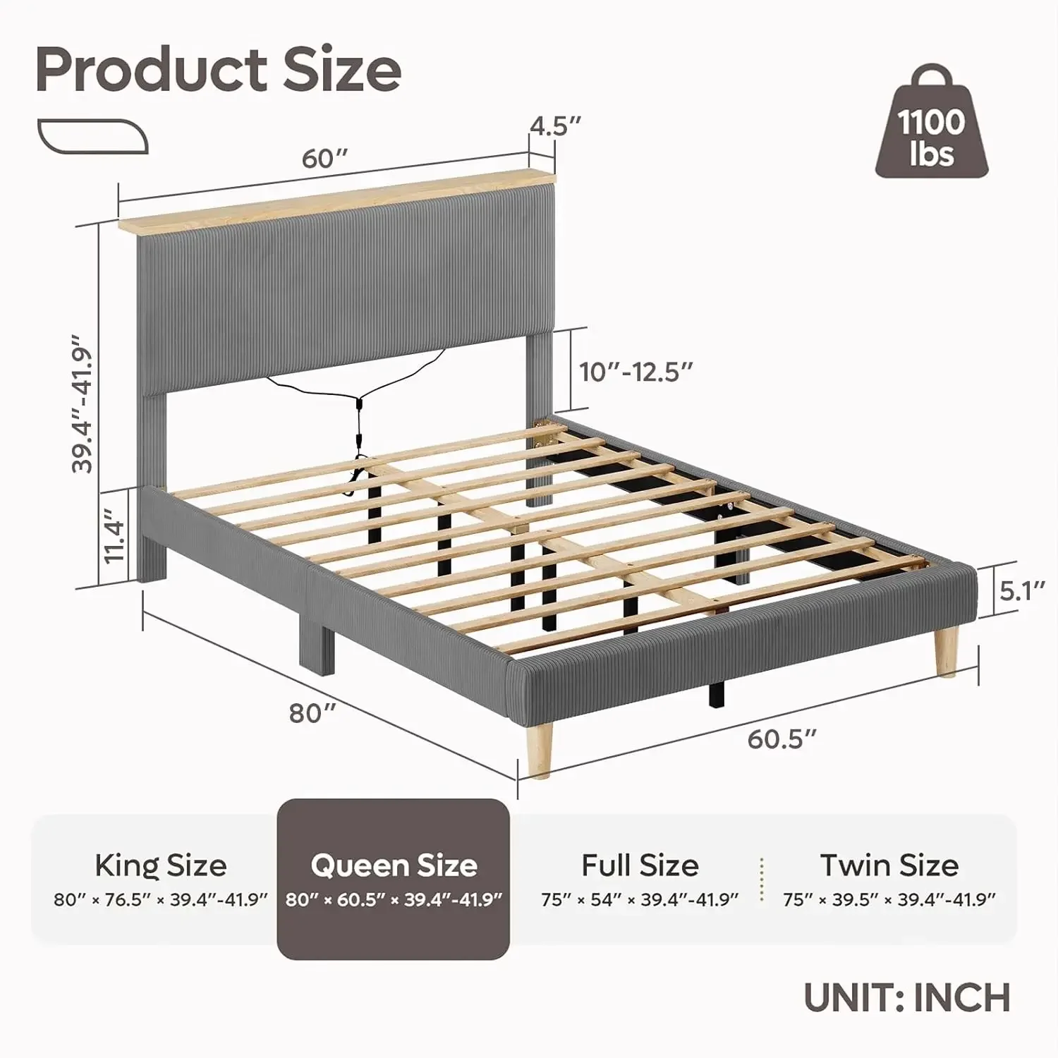 Каркас кровати размера «queen-size» с изголовьем, регулируемая кровать-платформа с вельветовой обивкой и полкой для хранения, прикроватная светодиодная кровать