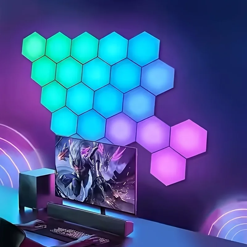 6pcs/12pcs Touch Sensitive Honeycomb Hexagon RGB LED Night Light, Quantum Modular Wall Panels Lamp, Removable Gaming Light with Remote Control, for Bedroom, Living Room, Gaming Room Decor