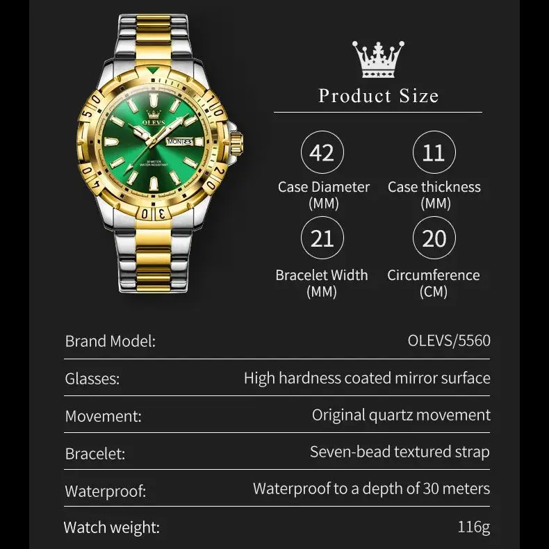 OLEVS Top Brand Quartz Wrist Watch for Men Green Luminous Diving Series Stainless Steel Waterproof Men\'s Watches 2023 Trend