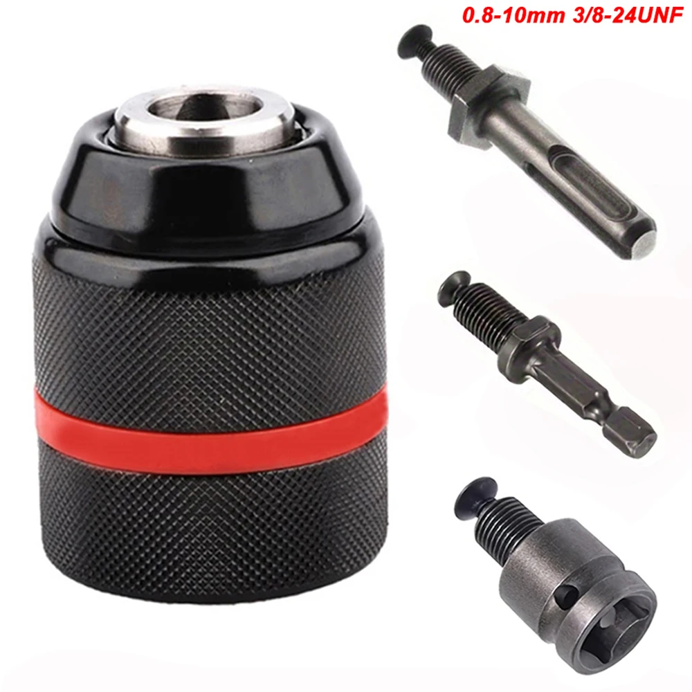 4pcs/set,0.8~10mm Ratchet Self-locking Drill Chuck,3/8-24UNF Thread 3Jaw Metal Keyless Chuck,Power Chuck for Drill Bits&Sleeve