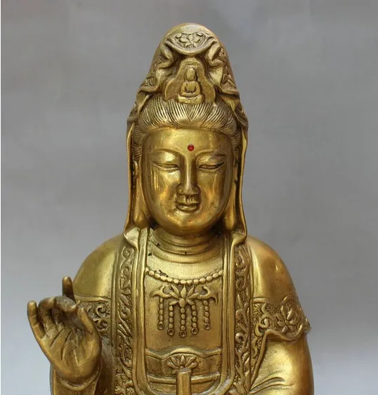 13inch Chinese Brass Temple Pray Pot Kwan-yin GuanYin Buddha Goddess Seat Statue