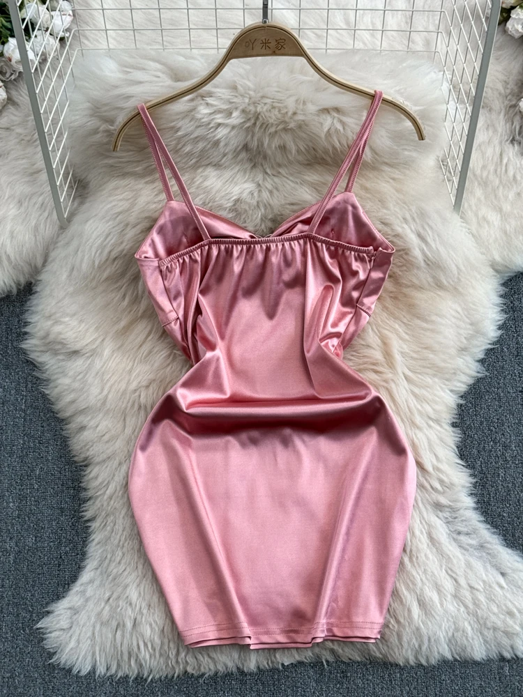 Foamlina-vestido de satén de verano para mujer, minivestido Sexy con tirantes finos recortado, sin mangas, sin espalda, ajustado, de malla, de retazos, para fiesta