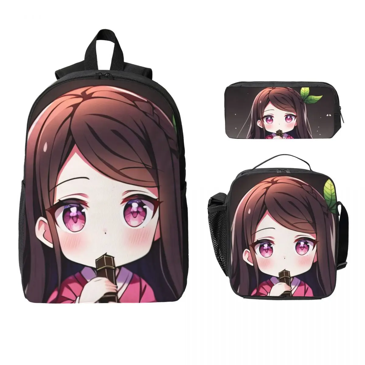 

Рюкзак в стиле аниме для девочек Chewing On Bamboo Demon Slayer, сумка для книг для мальчиков и девочек, школьная сумка, 3 шт., изолированная сумка для обеда, пенал