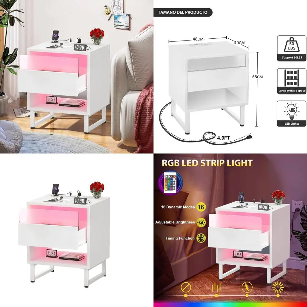 

Modern LED-lit Nightstand with Charging, Outlet & Drawer, Bedroom/Dorm Decor, 18.89x15.74x21.25