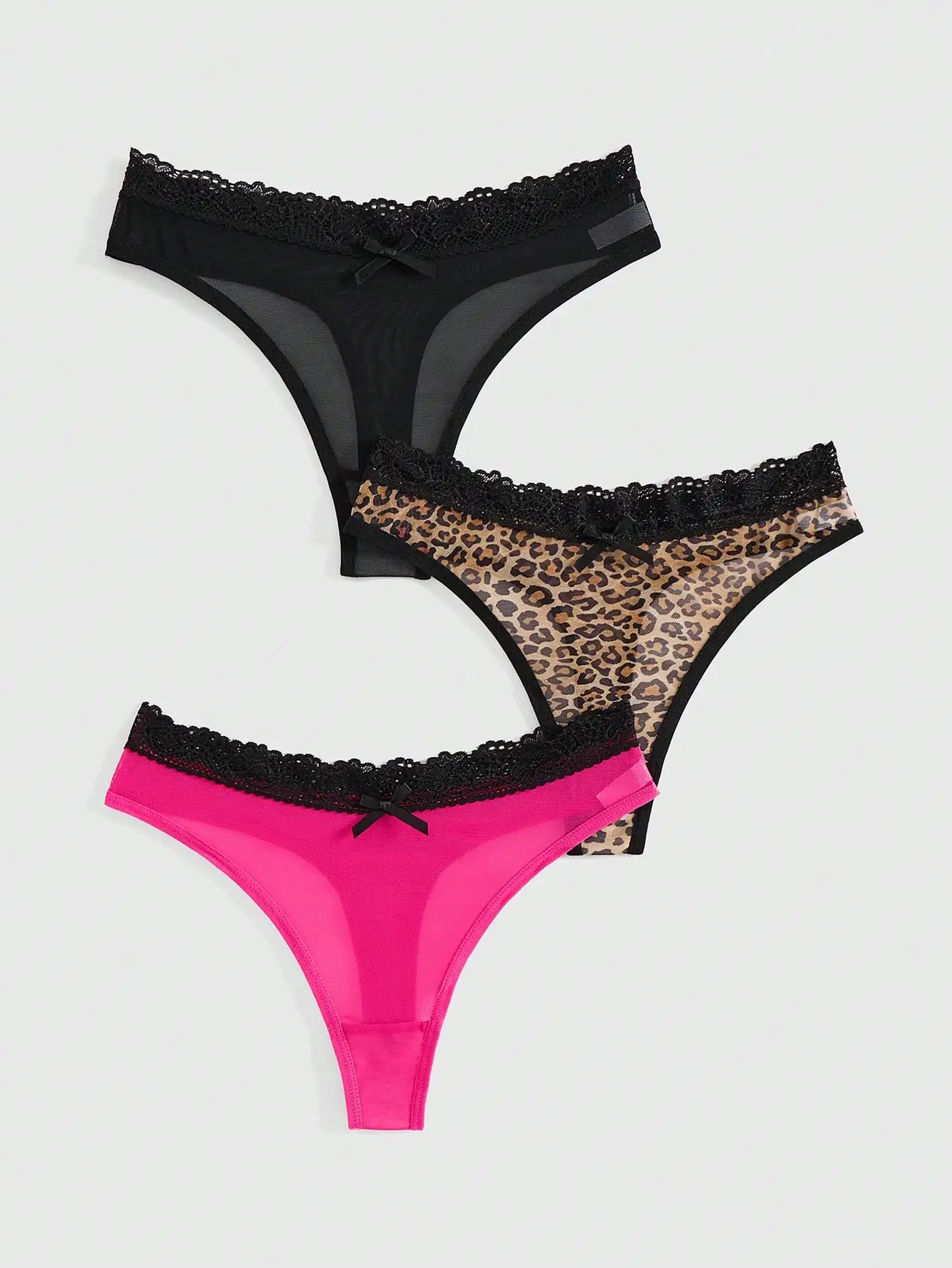 

Комплект из 3 женских трусиков-стрингов Y2K из сетки и кружева с леопардовым принтом, черного и розового цветов