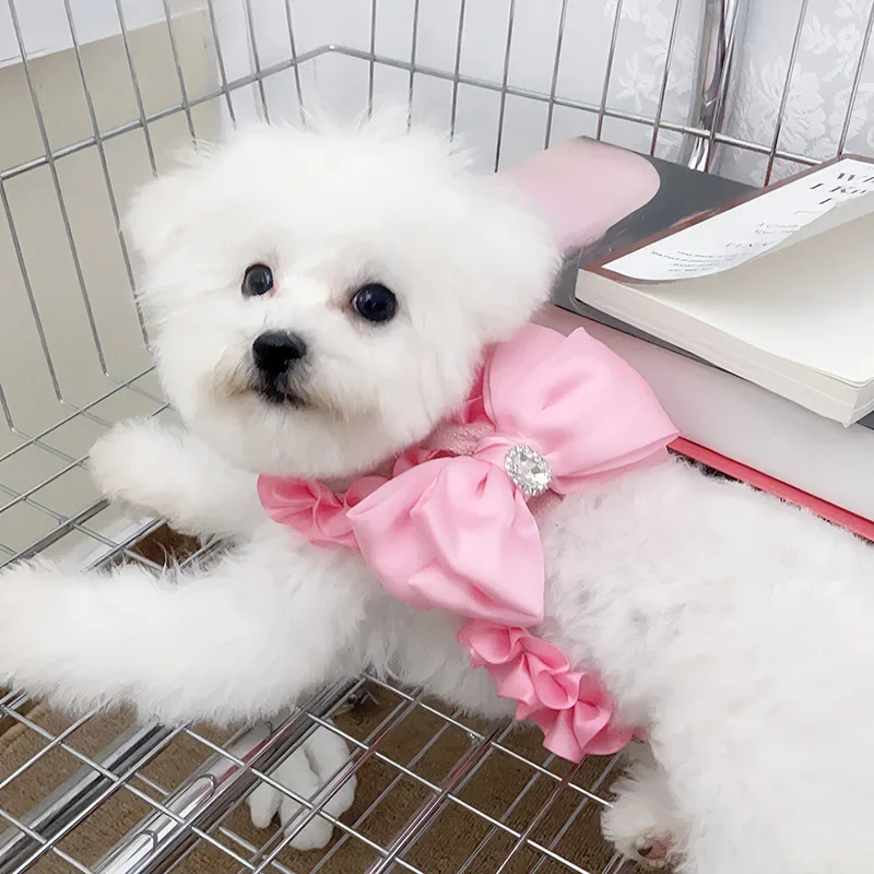 Puppy Dog\'s Harness Traction Rope Cute Korean Pink Bow Harness Rope Set for Small Medium Dog Yorkshire Outerdoor Leashes Harness