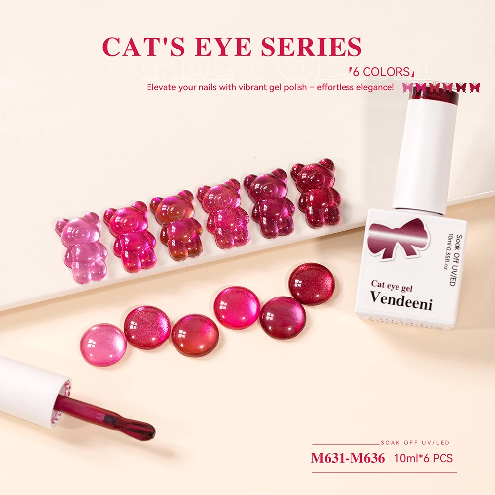 Vendeeni 6 Colors/Set Ruby Crystal Cat Eye Gel Nail Polish Pure Red Claret Glass Beads Magnetic Gel Varnish With Color Card