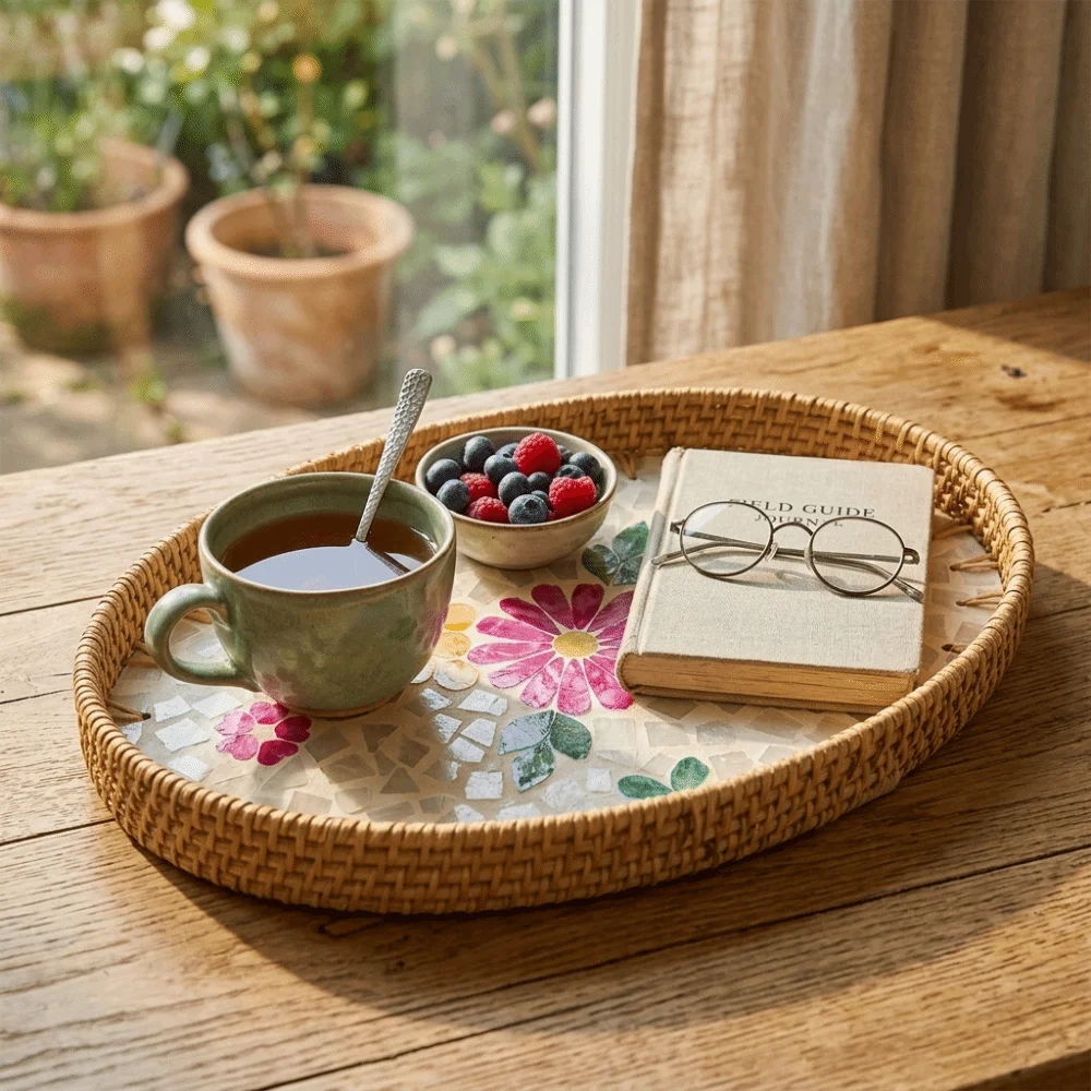 3Pcs Plant Fiber Serving Tray Woven Texture Breathable Structure Decorative Snack Tray Flat Tray Sturdy Fruit Tray Tea-Time Use