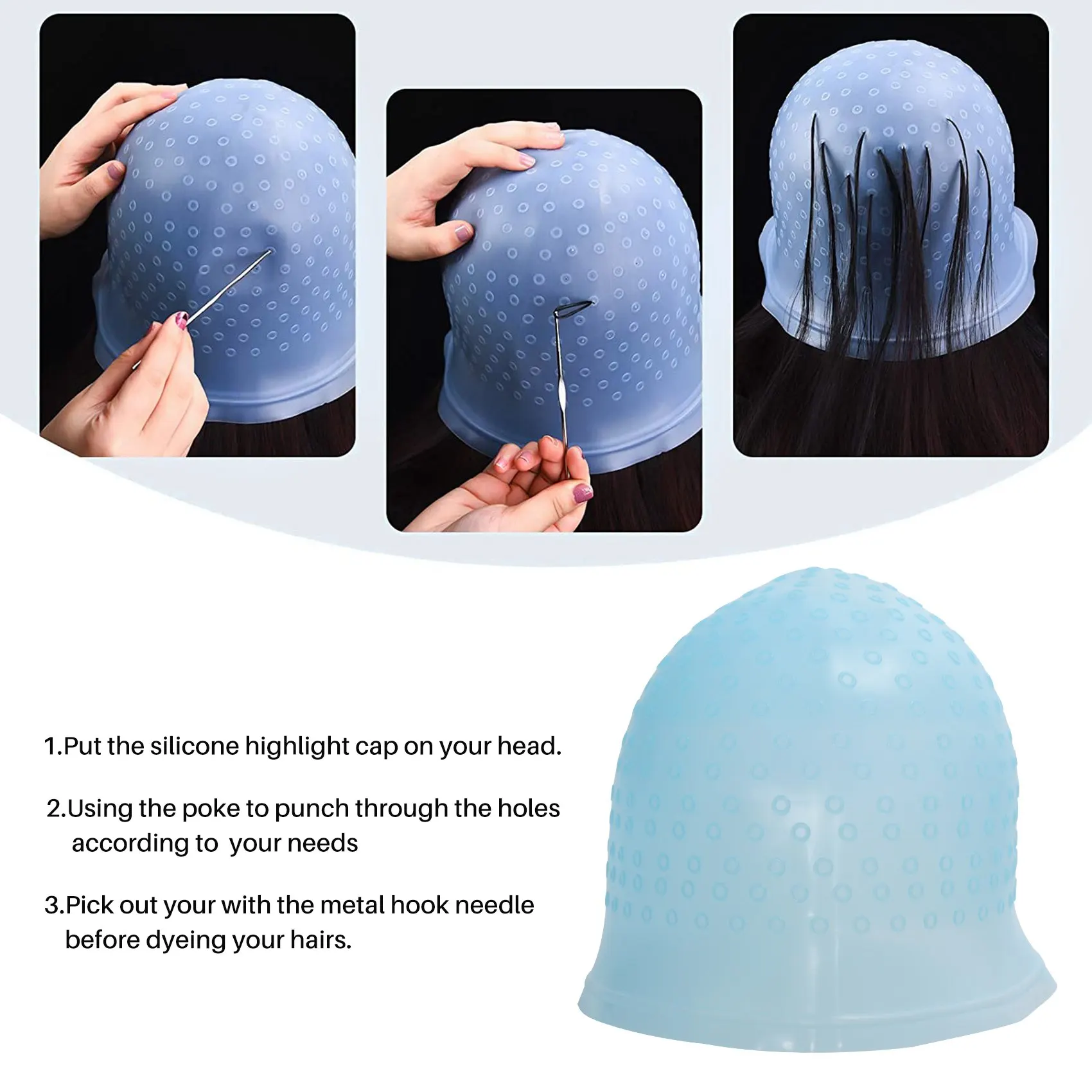 

Reusable Salon Highlighting Dye Hair Coloring Frosting Cap With Metal Hook Blue-A54Q