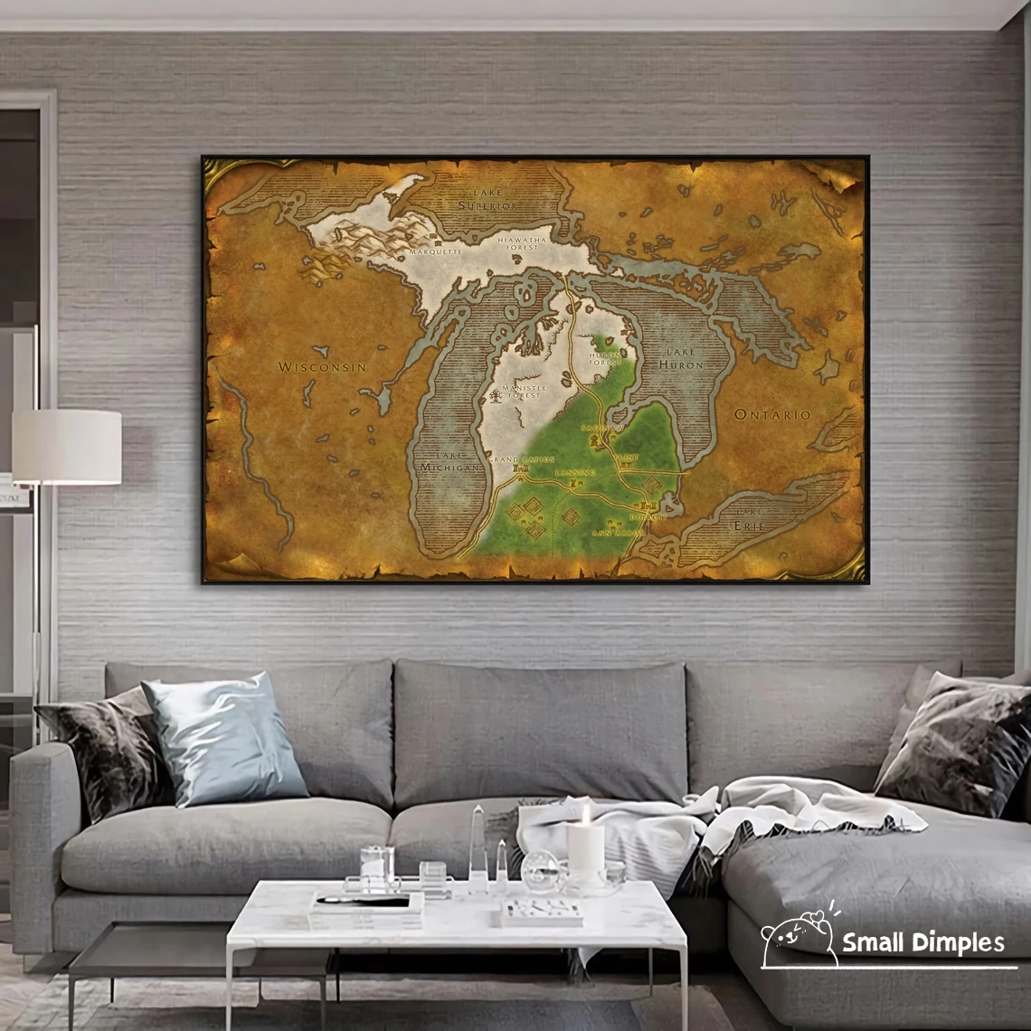 Map Of Michigan - World Of Warcraft Style Map Game Poster Canvas Art Print Home Decoration Wall Painting ( No Frame )