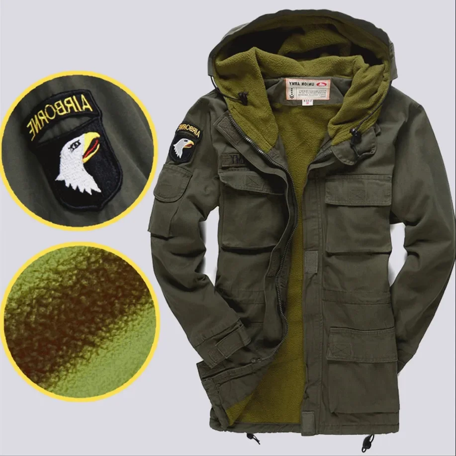 Mens Winter Military Cotton US Army AIR FORCE Thermal Trench with Hood Casual Wadded Fleece Lining Military Coat