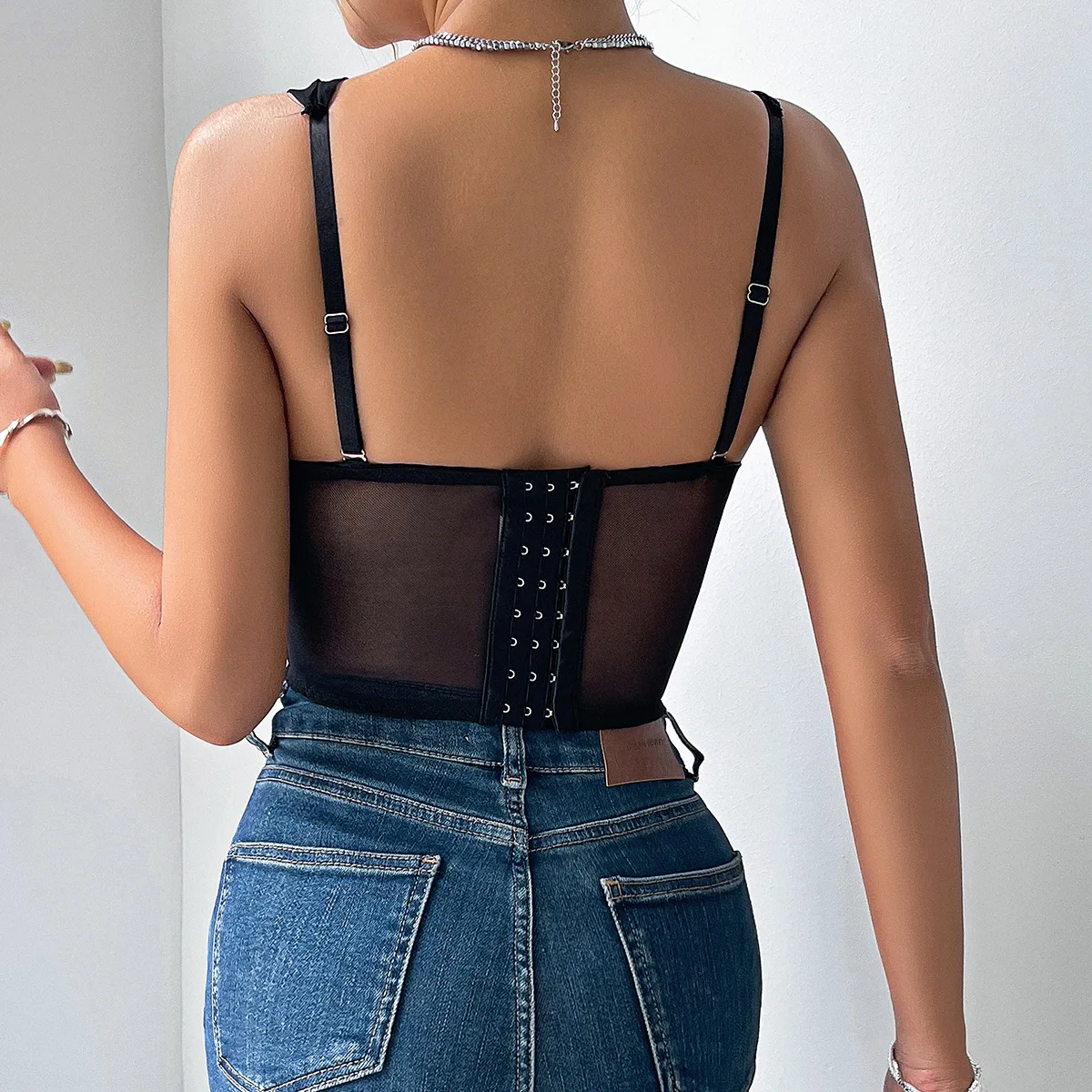 Mesh Embroidery Floral Corset Tops Sexy Women Backless Fashion Slim Tank Top Female Spring Summer Casual Daily Streetwear