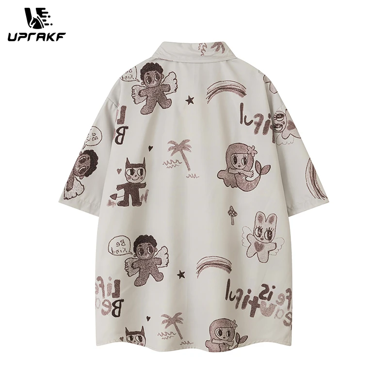 UPRAKF Cartoon Pattern Print Shirts Short Sleeve Loose Button Up Tops Casual Summer Outwear High Quality Fashion Beach