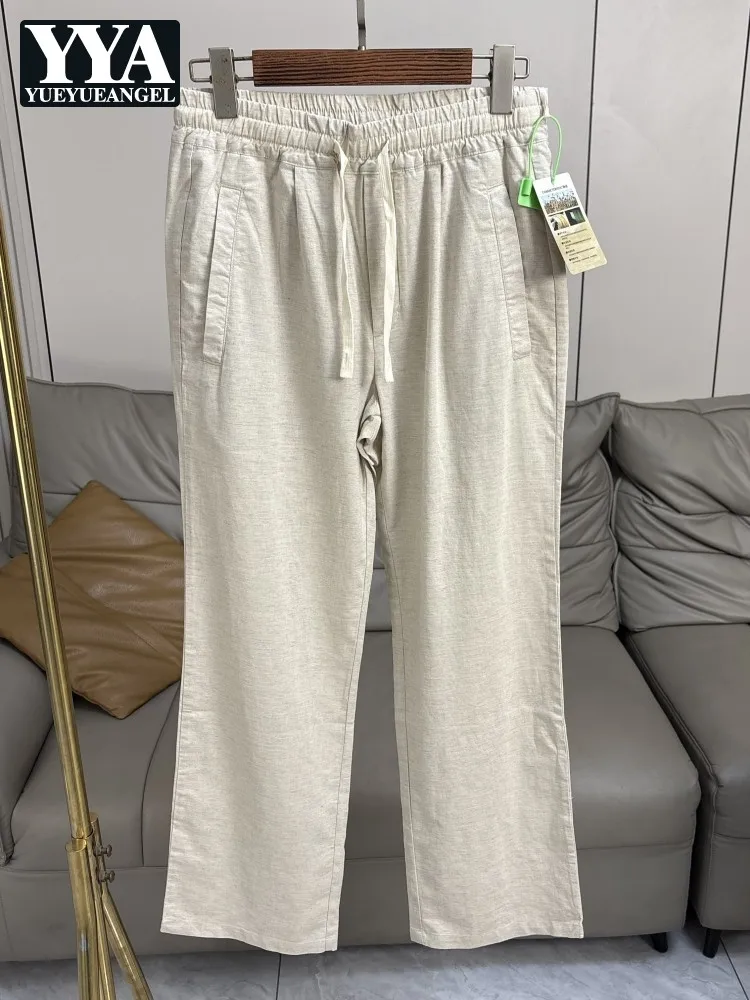 Mens Comfortable Cotton Linen Pants Drawstring Elasitc Waist Loose Fit Summer Breathable Solid Color Casual Straight Trousers