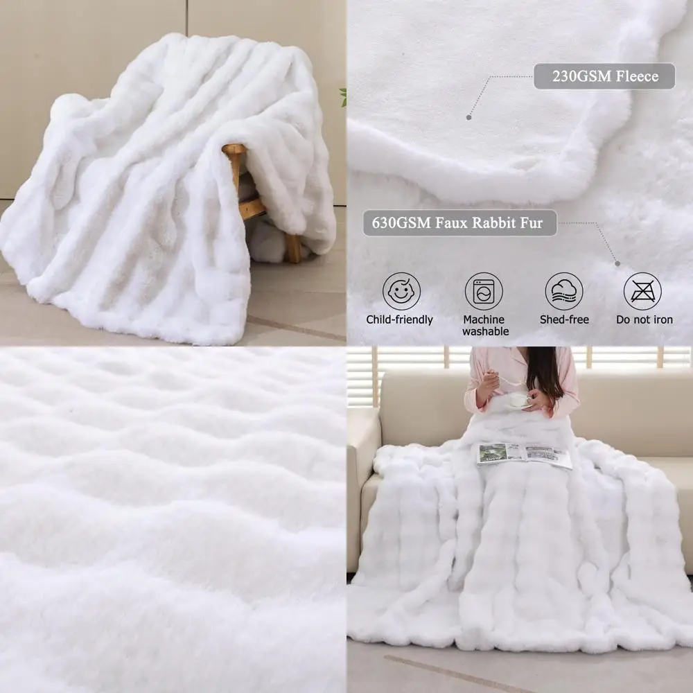 

60x80in Washable Faux Fur Throw Blanket - Soft White Couch Sofa Cover for Living Room, Bedroom, and Outdoor Use