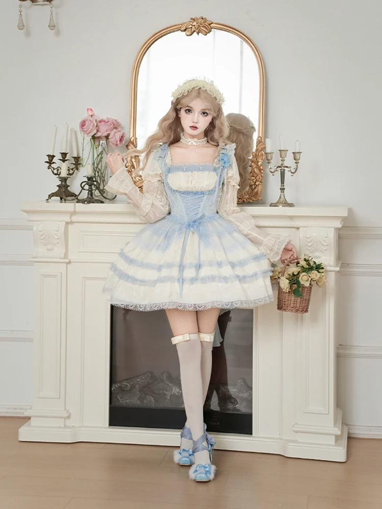 Sal marina té helado con Puji diseño Original Lolita dulce niña Jsk vestido cuello cuadrado corto Op espina de pescado corsé vestido de Lolita